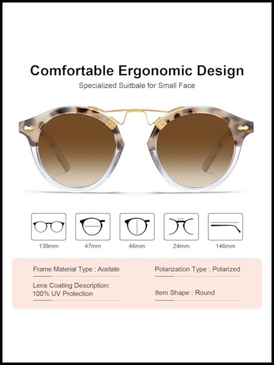 Double Bridge Retro Round Acetate Sunglasses for Women Polarized UV Protection